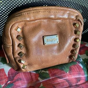 TREESJE Walnut Leather Gold Stud Zip Top Cosmetic Bag